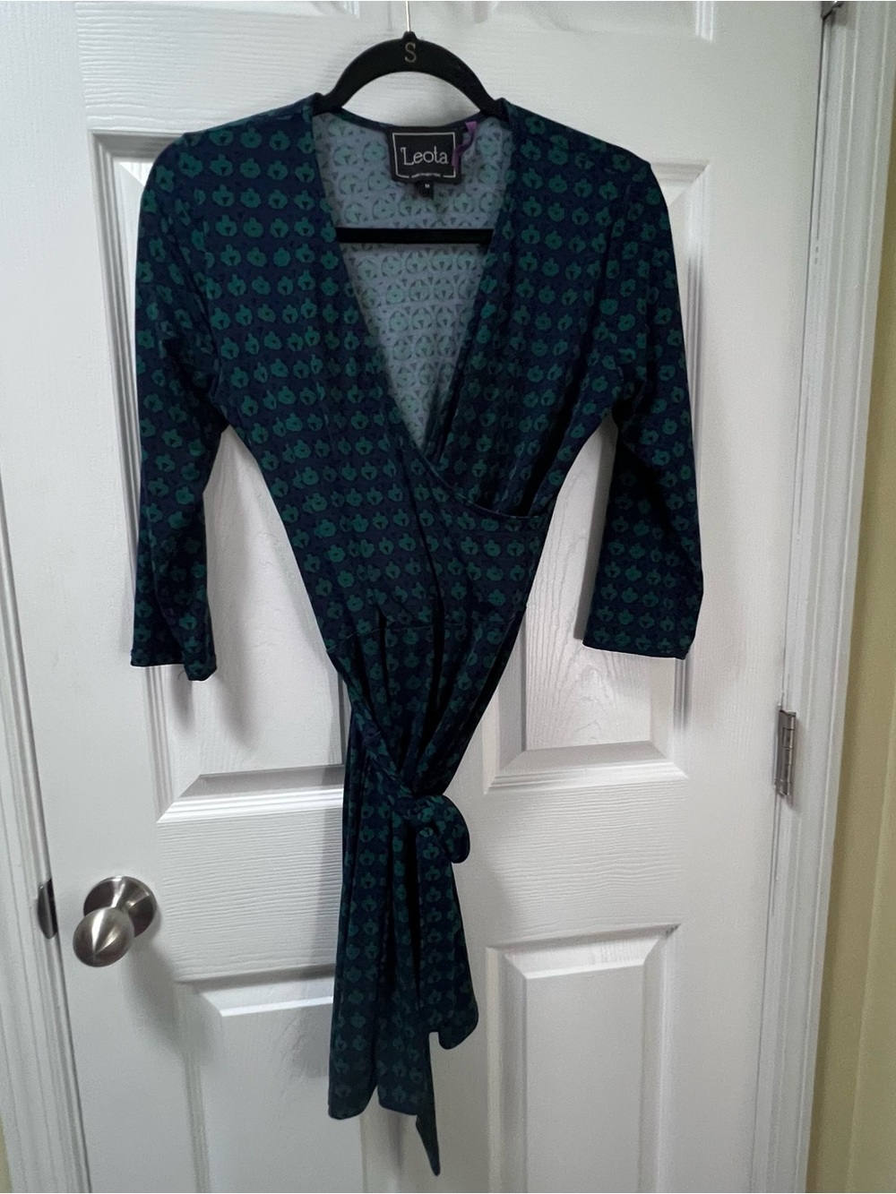 Leota Geometric Wrap Dress Navy Blue Green Fall Office Size Medium Made in USA